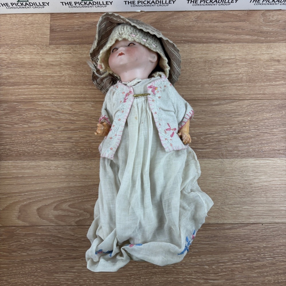 Antique Bisque Composition Baby Doll Hand Painted Face Embroidered Gown Bonnet